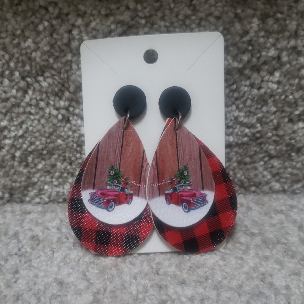 Plaid Teardrop Earrings with Red Truck Design Clay And Leather